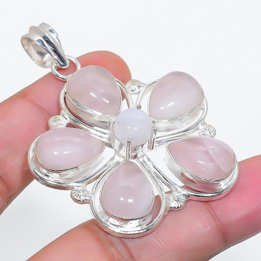 Pink Rose Quartz Gemstone Handmade 925 Sterling Silver Jewelry Pendant Size 2.2″