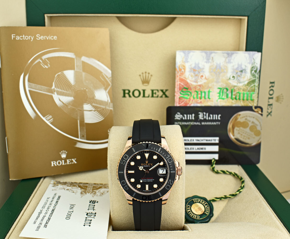 ROLEX 18kt Rose Gold 37mm Yachtmaster Oysterflex Black Dial 268655 SANT BLANC