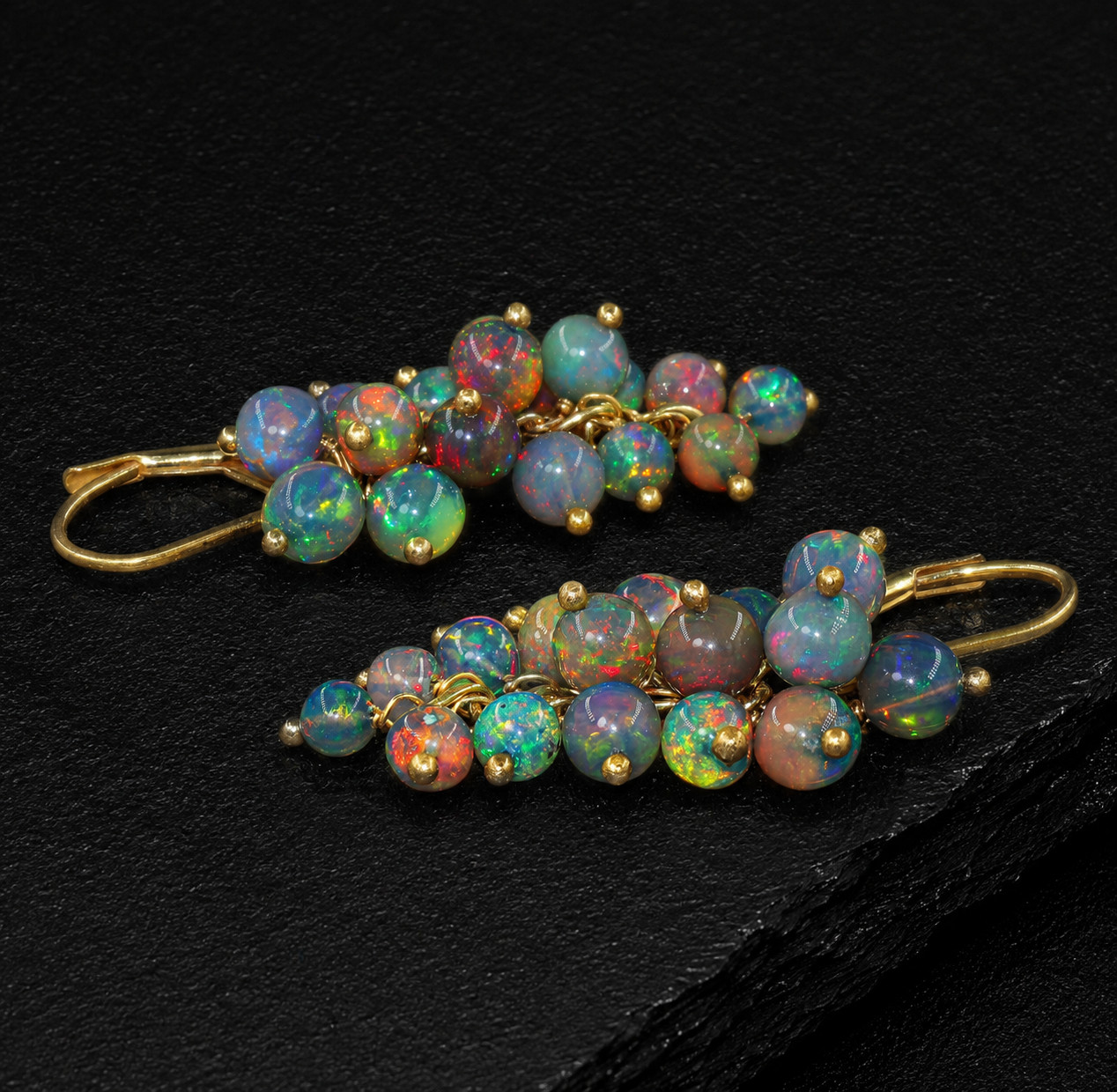 Genuine Black Ethiopian Opal Dangle Cluster Earrings 18k Gold Filled 925 Silver