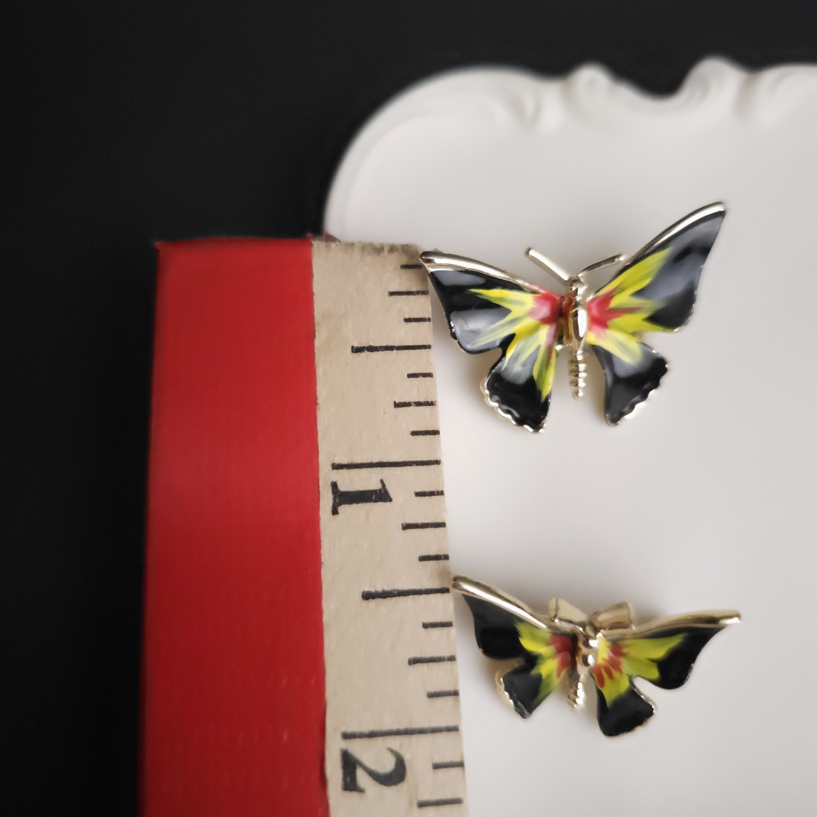 Vintage Black Yellow Red Enamel Butterfly Scatter Pins Brooch Set 2 Whimsy Fairy