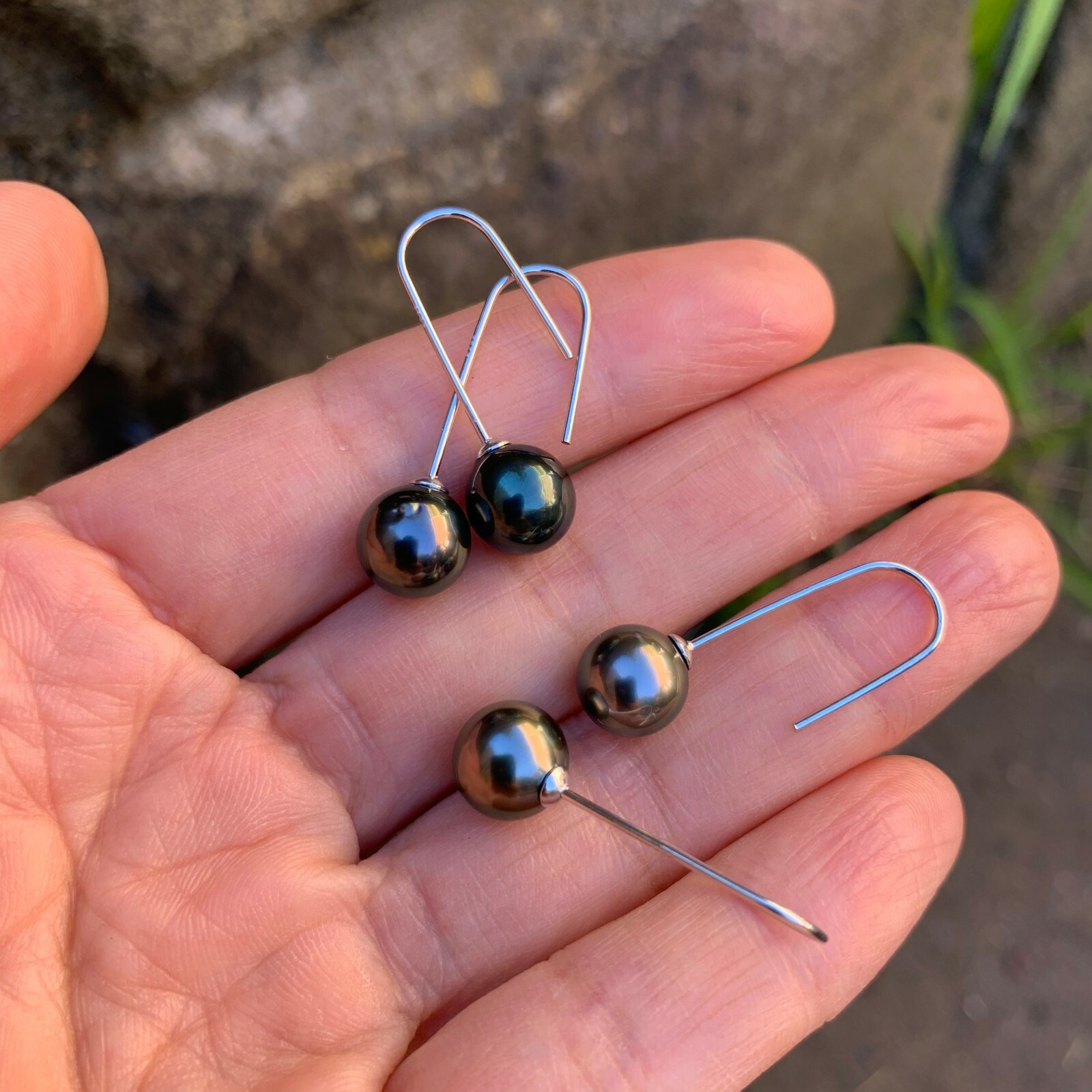 8.5~9mm Peacock Black Tahitian Pearl Sterling Silver Stylish Earring Dangle 28mm