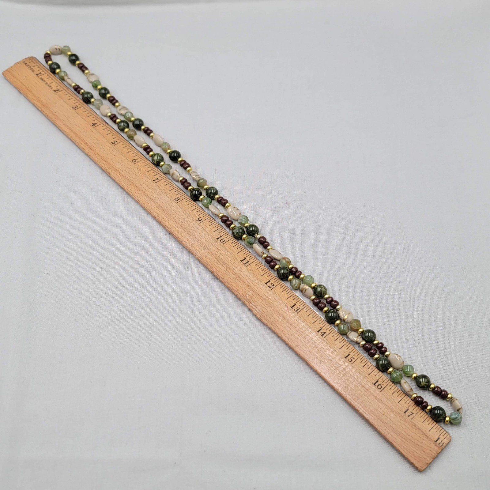Vintage Brown Green Beige Bead Necklace Gold tone 36″