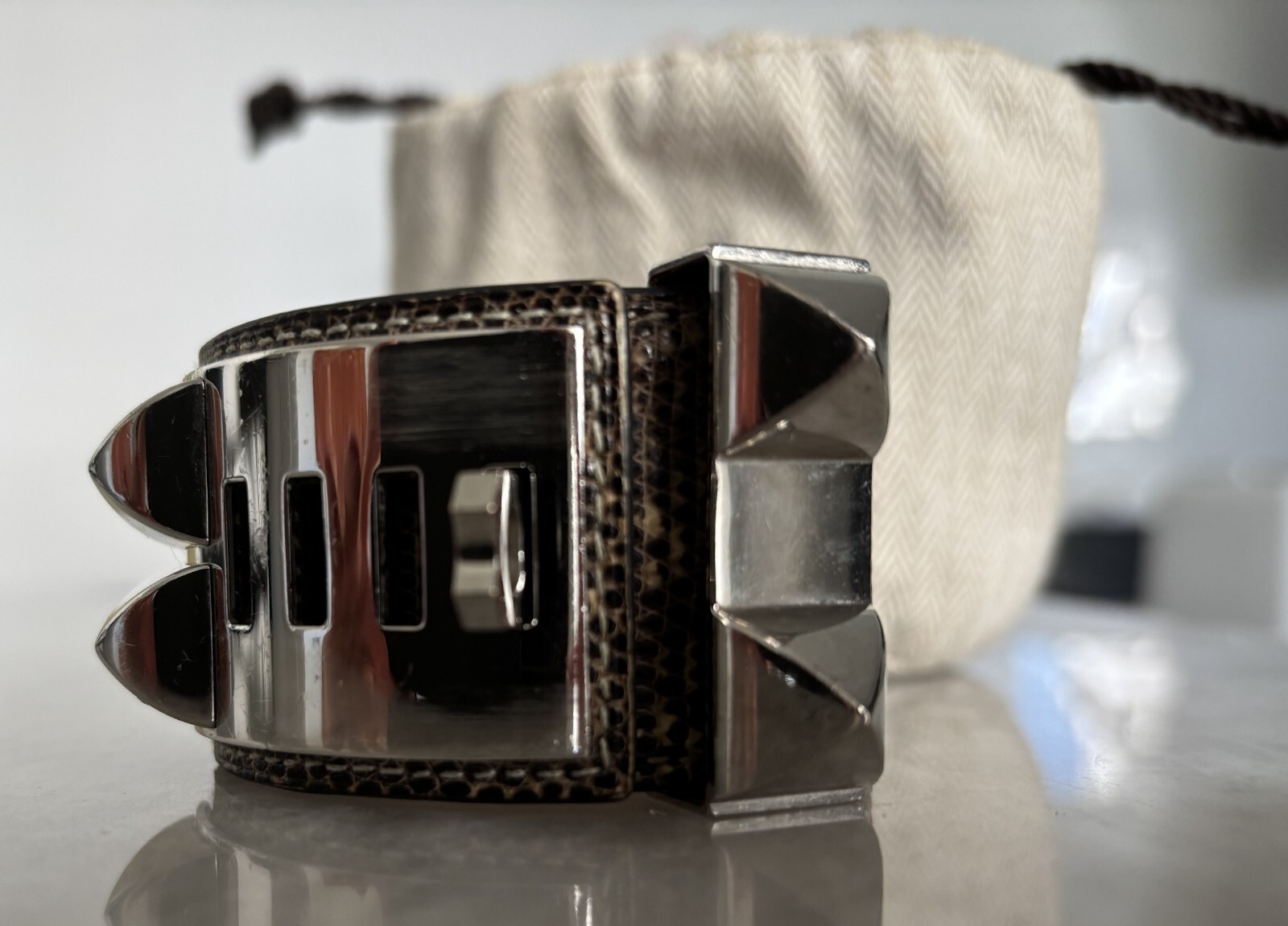 Hermès Collier de Chien Lizard Leather Genuine Leather Palladium Bracelet S