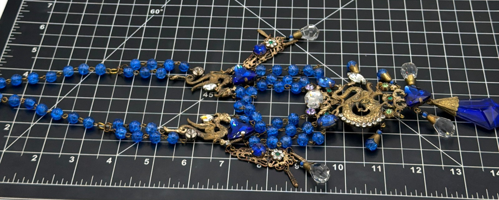 Vintage Czech Glass Necklace Blue Beads Multi Strand Dragon Motif Statement