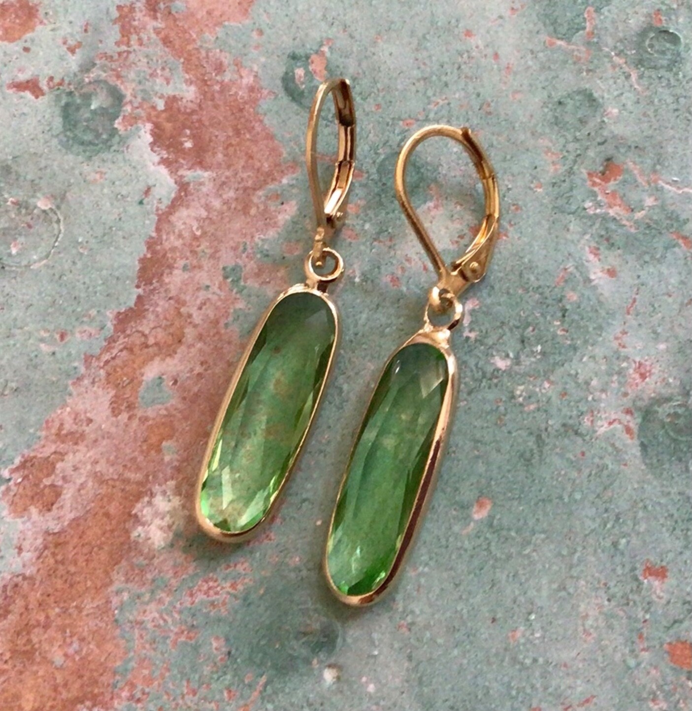 Green Peridot Quartz gold filled Sundance charm drop earrings Artisan Jewelry