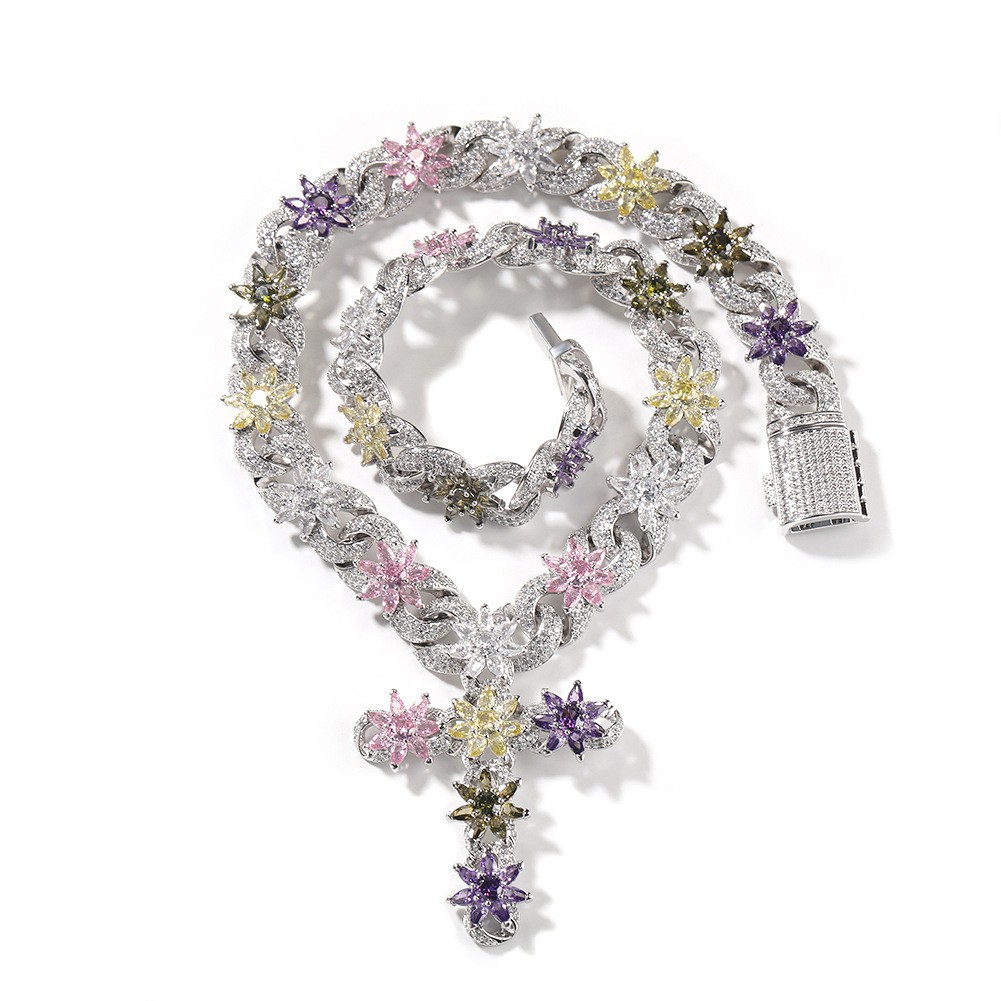 Bling Rainbow Colored CZ Floral Cross Necklace Heavy Gold Plated Hip-hop Chain