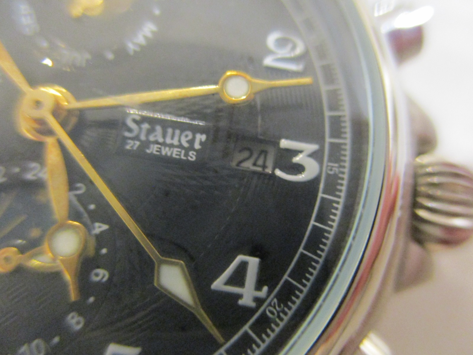 NWOT STAUER BLACK MOONPHASE AUTOMATIC 27-JEWEL CHRONO MENS WATCH DAY/DATE- 14587
