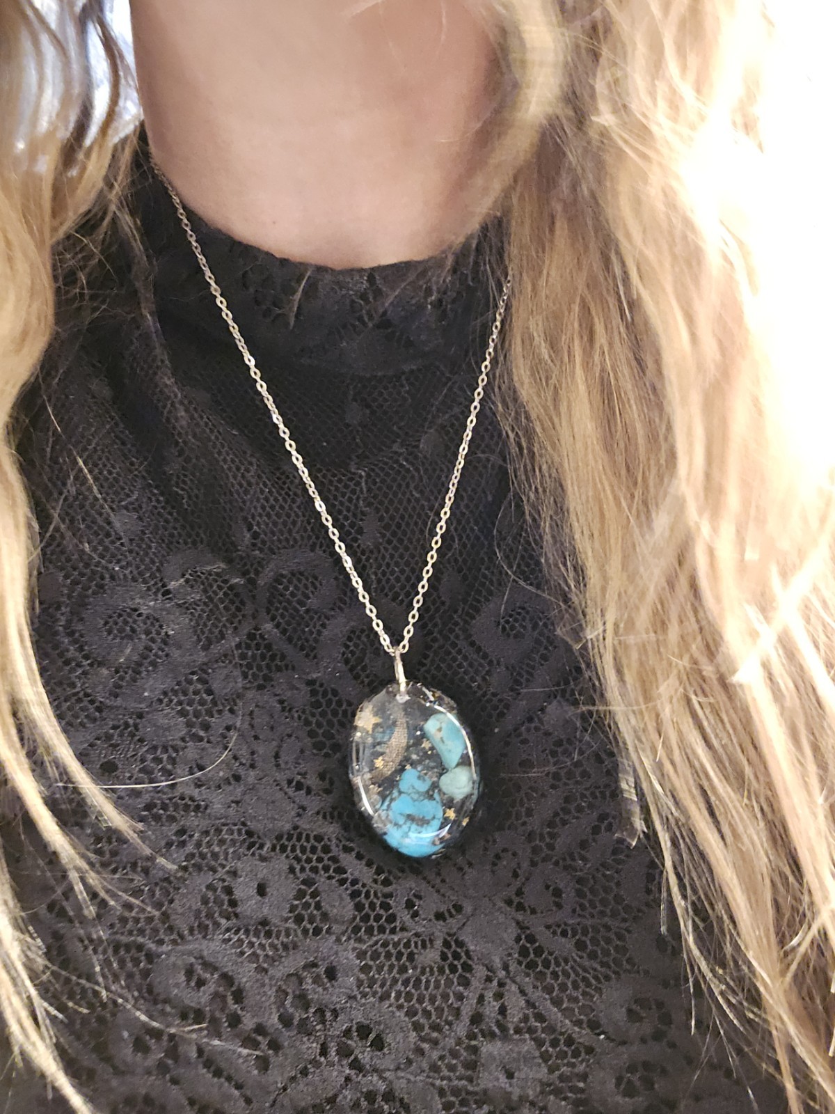 Turquoise Galaxy Resin Pendant Artisan Necklace 20 Inch Stainless Steel Chain