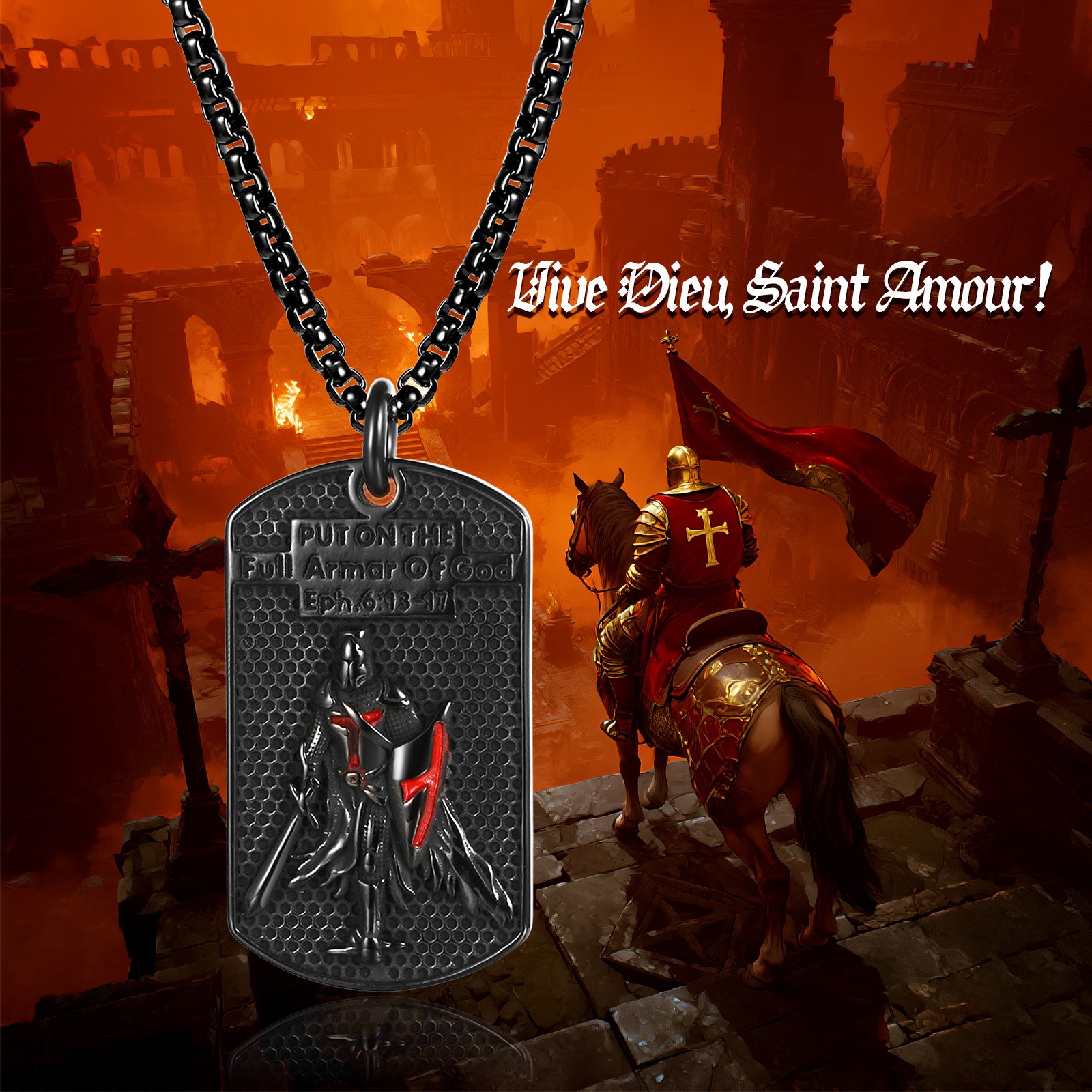 Men’s Knight Templar Armor of God Necklace Ephesians 6:13-17 Red Cross Pendant