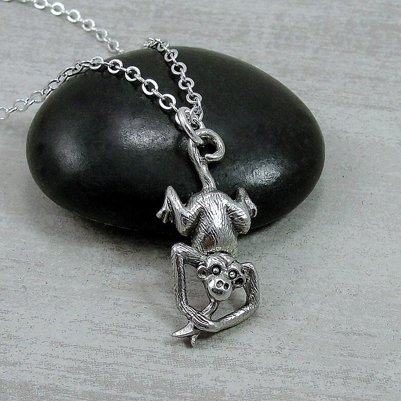 Silver Monkey Necklace – Monkey with Banana Charm – Monkey Pendant