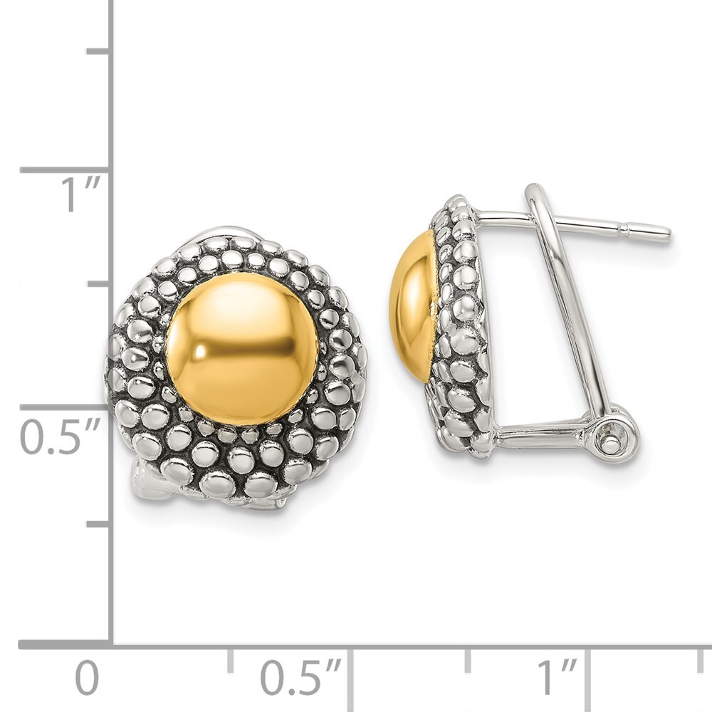 13.7mm Sterling Silver Antiqued & Gold-tone Circle Omega Back Post Earrings