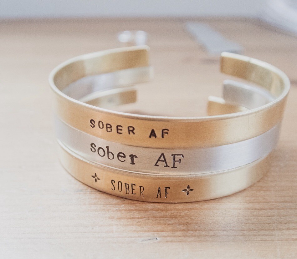 SOBER AF Cuff Adult OS Silver Hand Stamped Stainless Steel Adjustable Bracelet