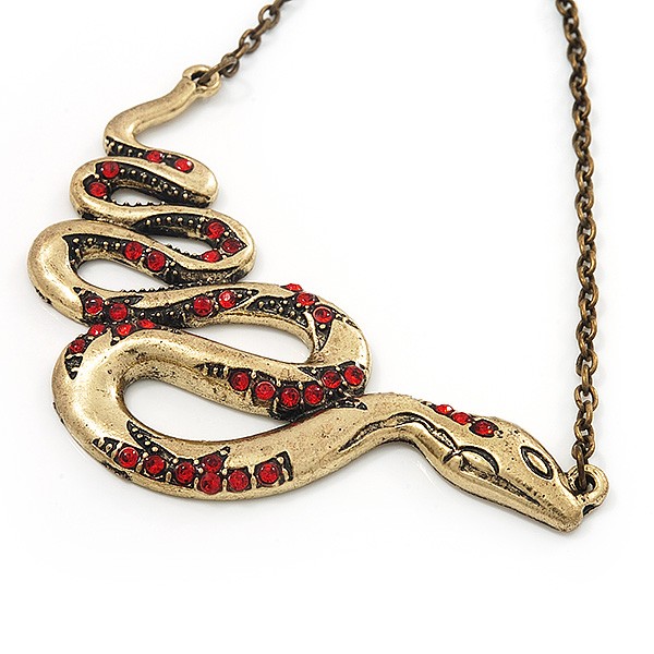 Red Crystal ‘Snake’ Necklace In Bronze Finish – 46cm Length