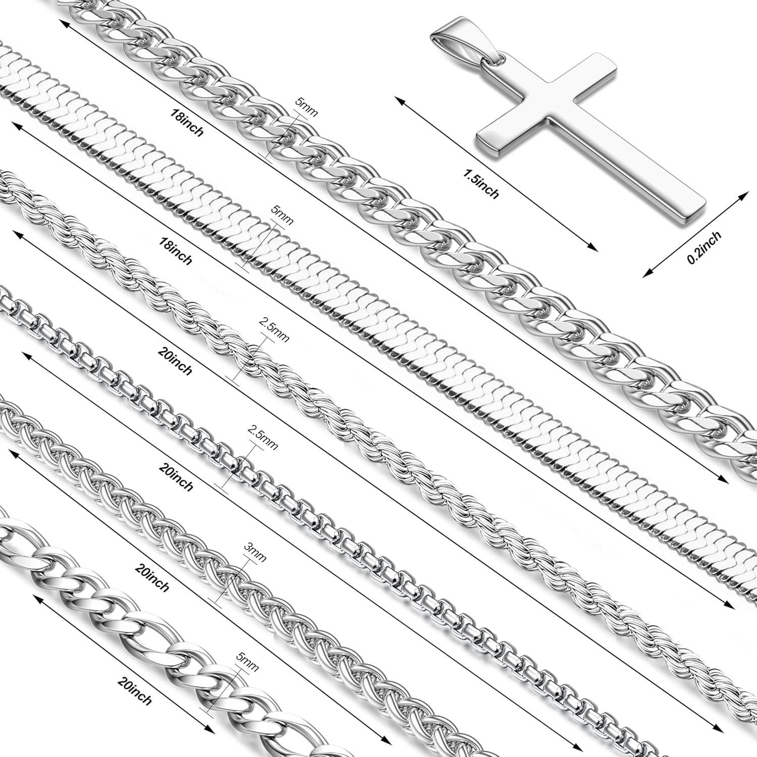 6PCS Silver Stainless Steel Cross Chain Layered Cuban Link Figaro Snake Box Chai
