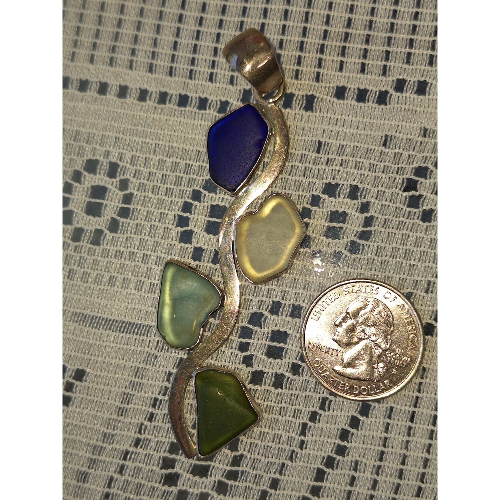 925 Silver Wave Pendant with Blue, Yellow and Green Sea Glass Inlays