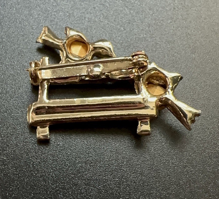 Lovebirds Birds on Fence Brooch Rhinestone Green Pink Gold Vintage Mid Century