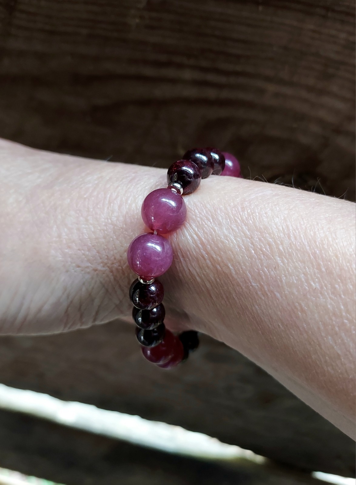 Red Garnet Gem Bead Bracelet With Dark Pink Strawberry Quartz Stretchy 6.75″