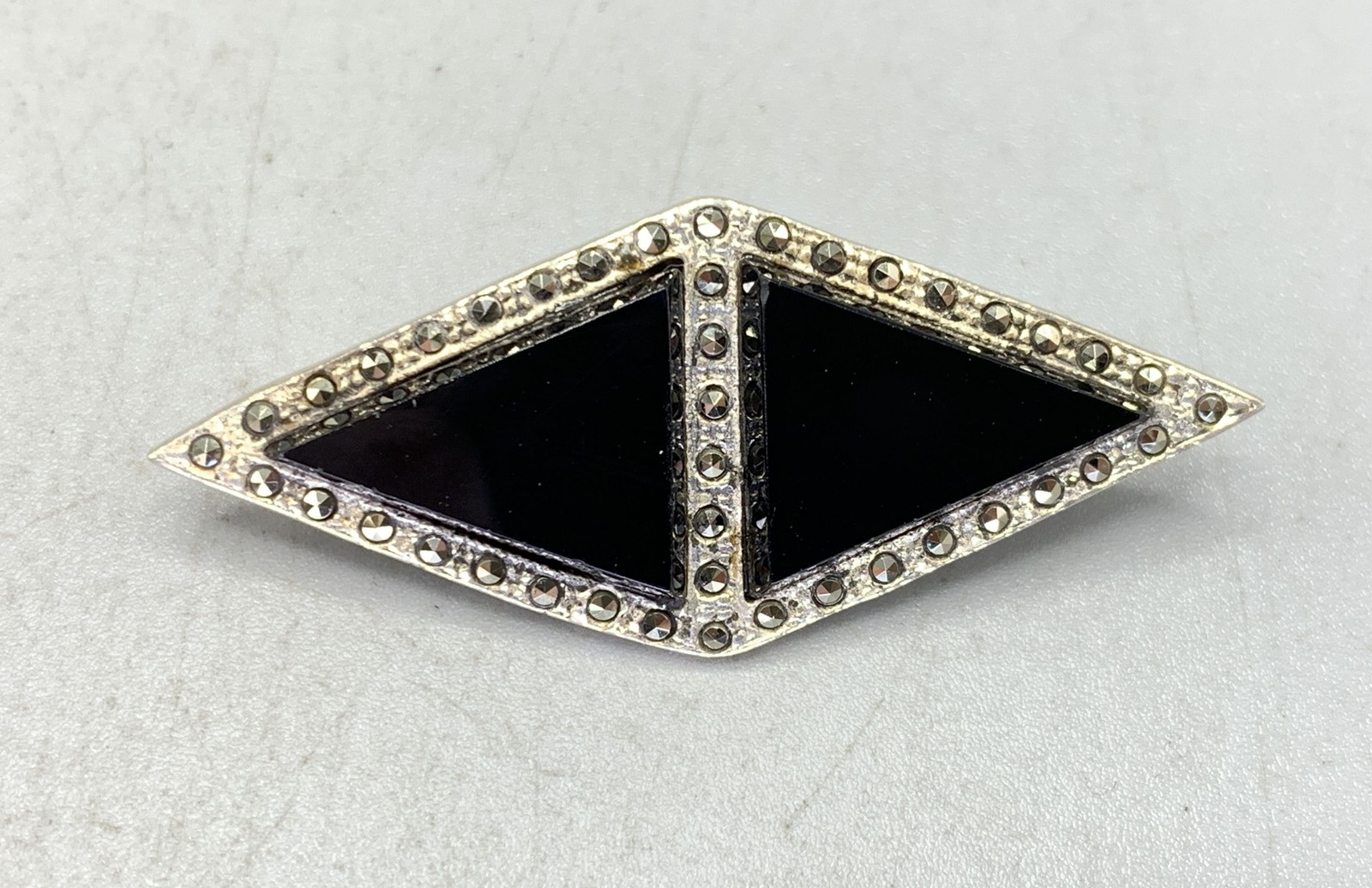 Sterling Silver, Marcasite & Onyx Diamond Shaped Brooch