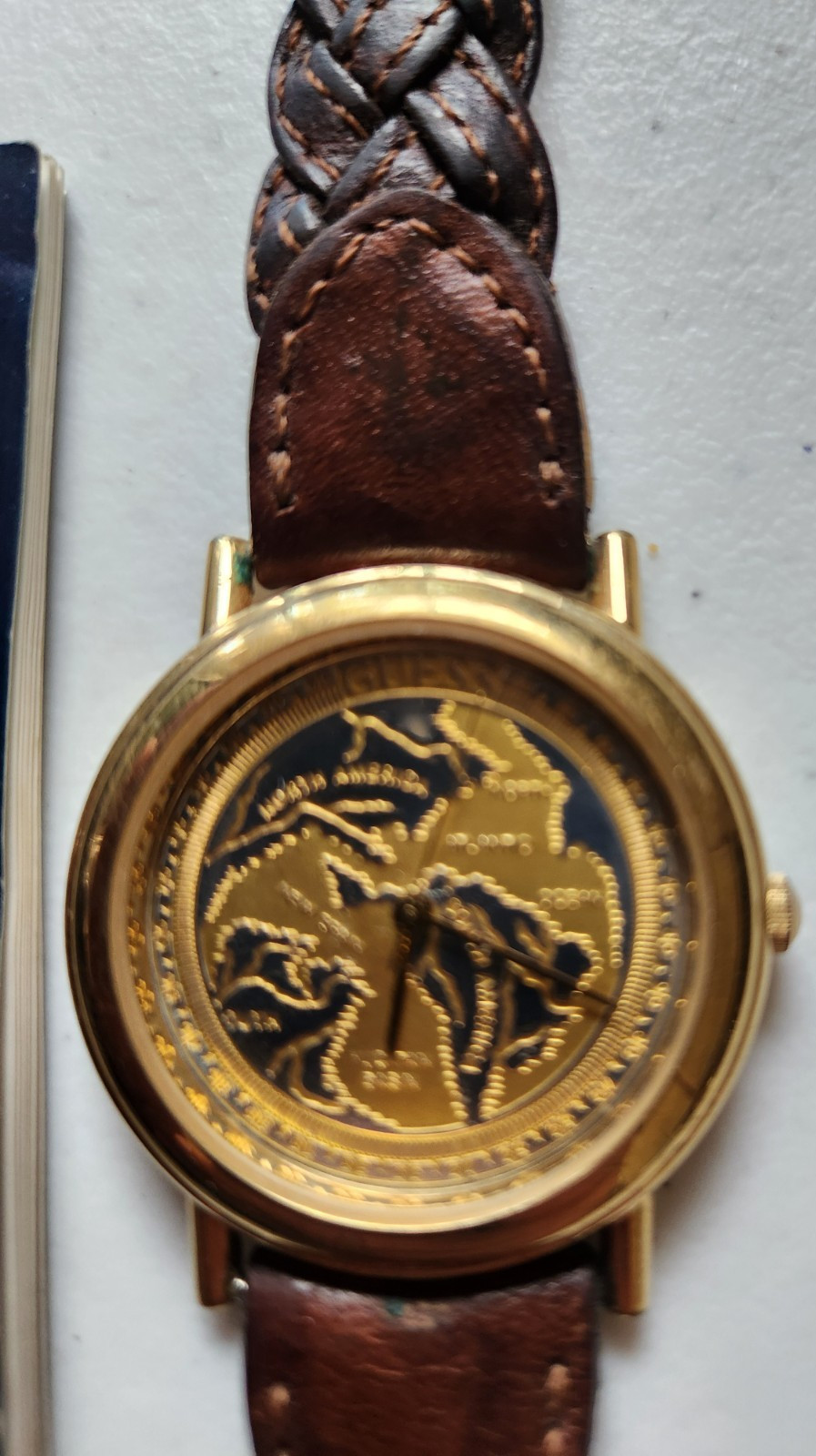 Guess Mens Watch 35mm Gold Tone World Map Dial Braided Leather Band Need Battery
