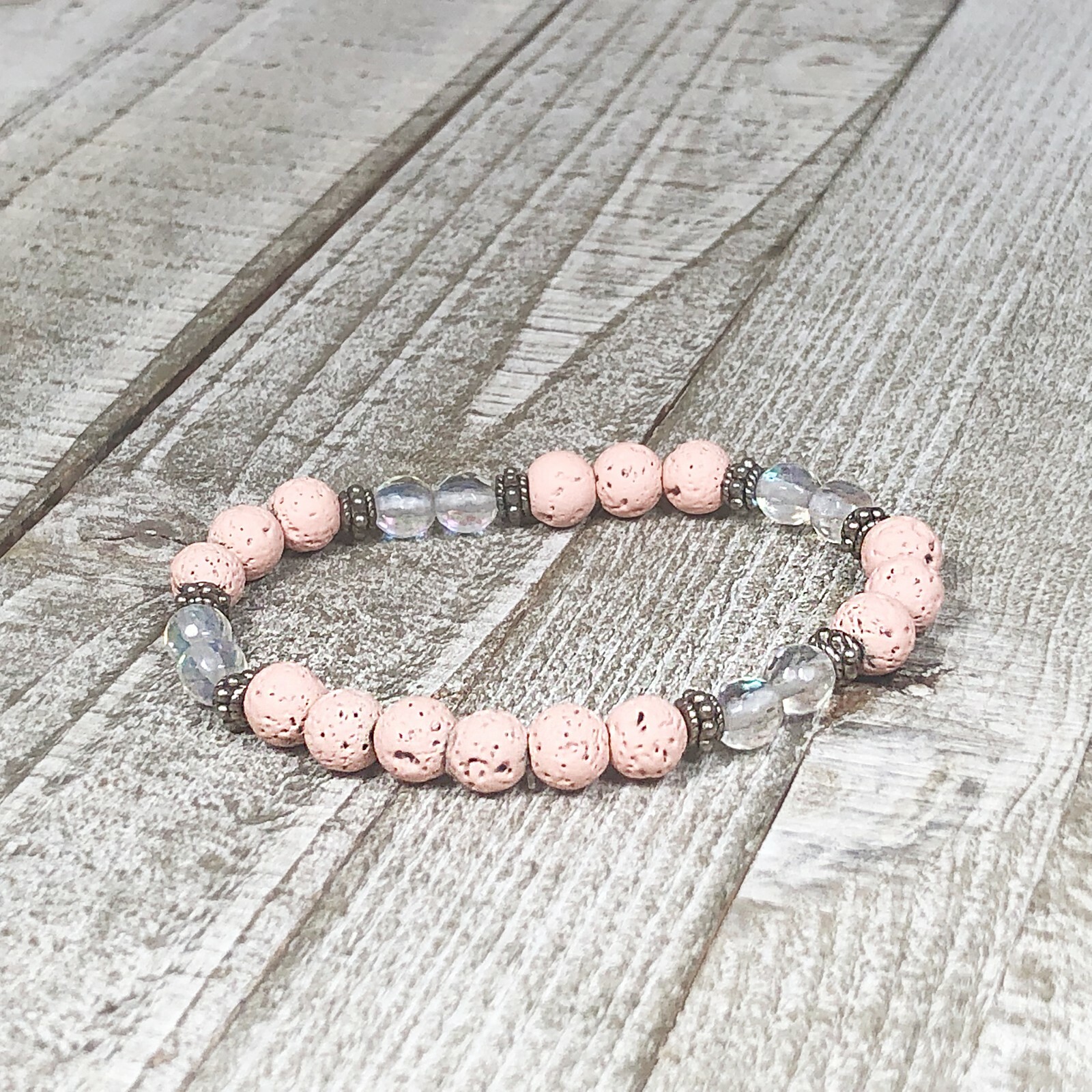 Pink Lava Beads and Faceted Rainbow Quartz Stretch Bracelet