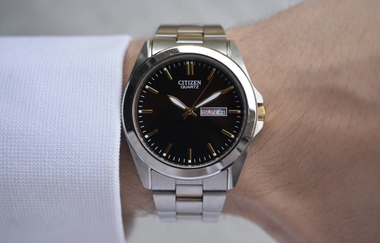 Citizen Quartz Two Tone Men’s Solar Quartz Bracelet Watch Black Dial Day Date