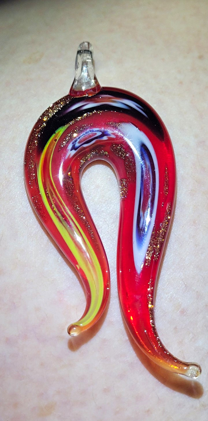 Hand Blown Glass Teardrop Pendant Red Swirl w/ Gold Glitter Accents