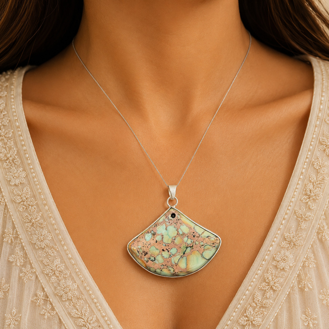 Natural Turquopise Pendant 925 Sterling Silver Boho Handmade Jewelry