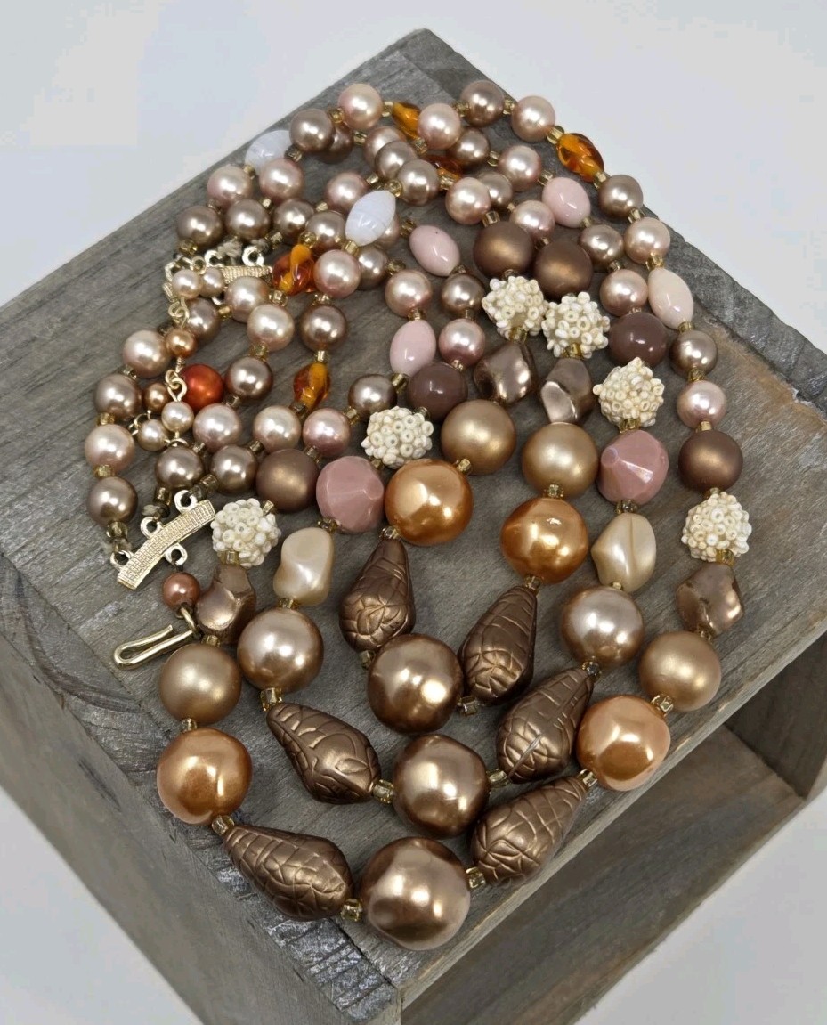 Vintage Triple Strand Taupe Neutrals Faux Pearl Glass Necklace 16-18″ Japan