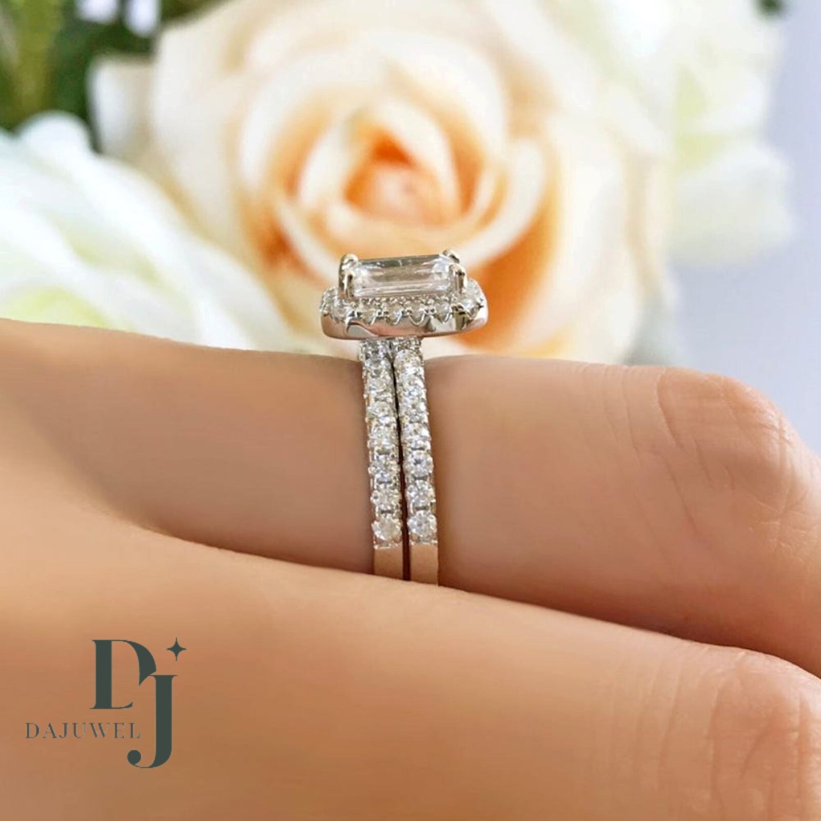 2.50 CT Emerald Cut Moissanite Bridal Set Engagement Ring Solid 14K White Gold