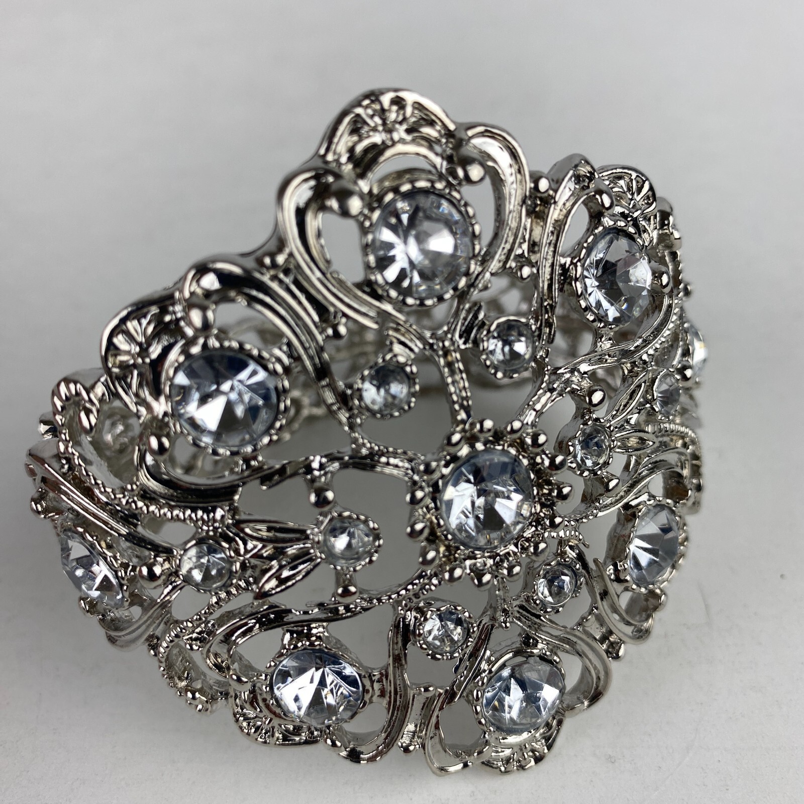 Silver Colored Costume Fashion Jewelry Bracelet Opens Closes At Side Crystals