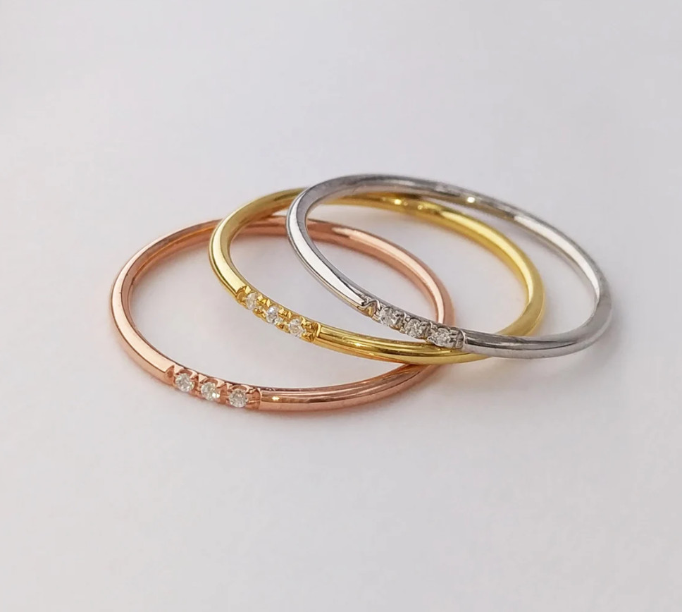 Women Thin 1mm Silver Gold Plated Stainless Steel CZ Inlay Stackable Ring Band