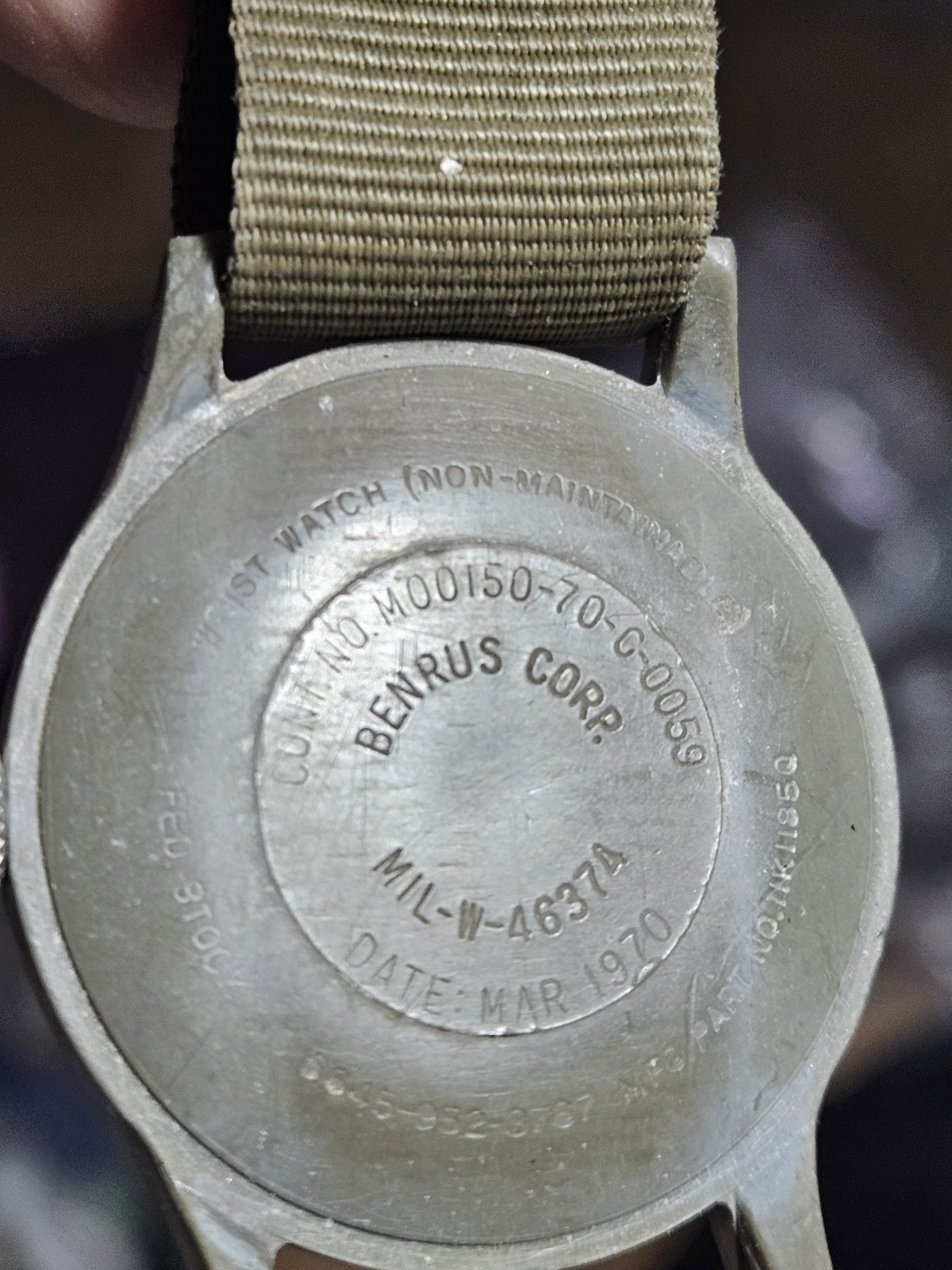 Vtg MAR 1970 Benrus Corp MIL-W-46374 Military Watch Vietnam War Orig Strap Works