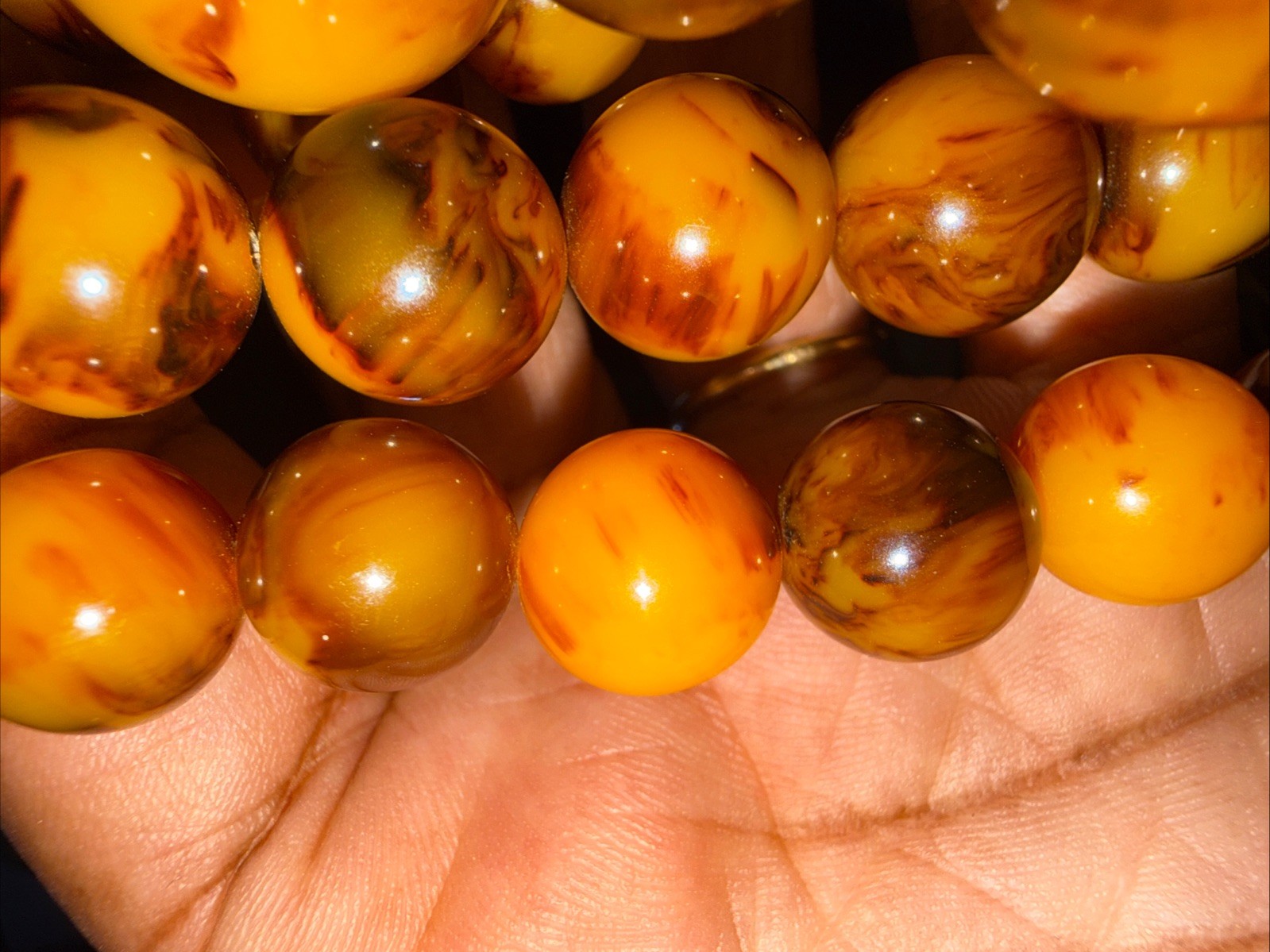 Bakelite Egg Yolk Amber Beaded Necklace Marbled Graduated Steel Cable