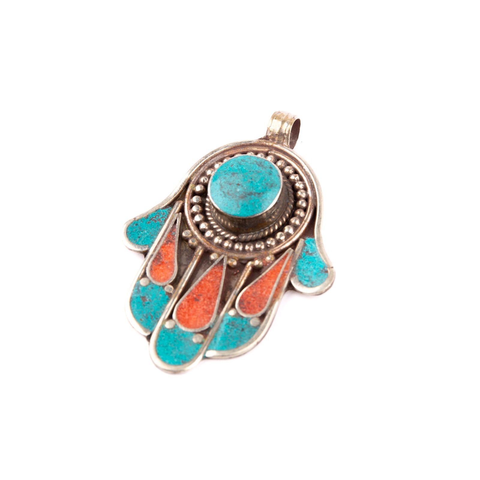 Tibetan Pendant, Hand of Fatima Pendant, Turquoise Stone Amulet, Coral & Lapis