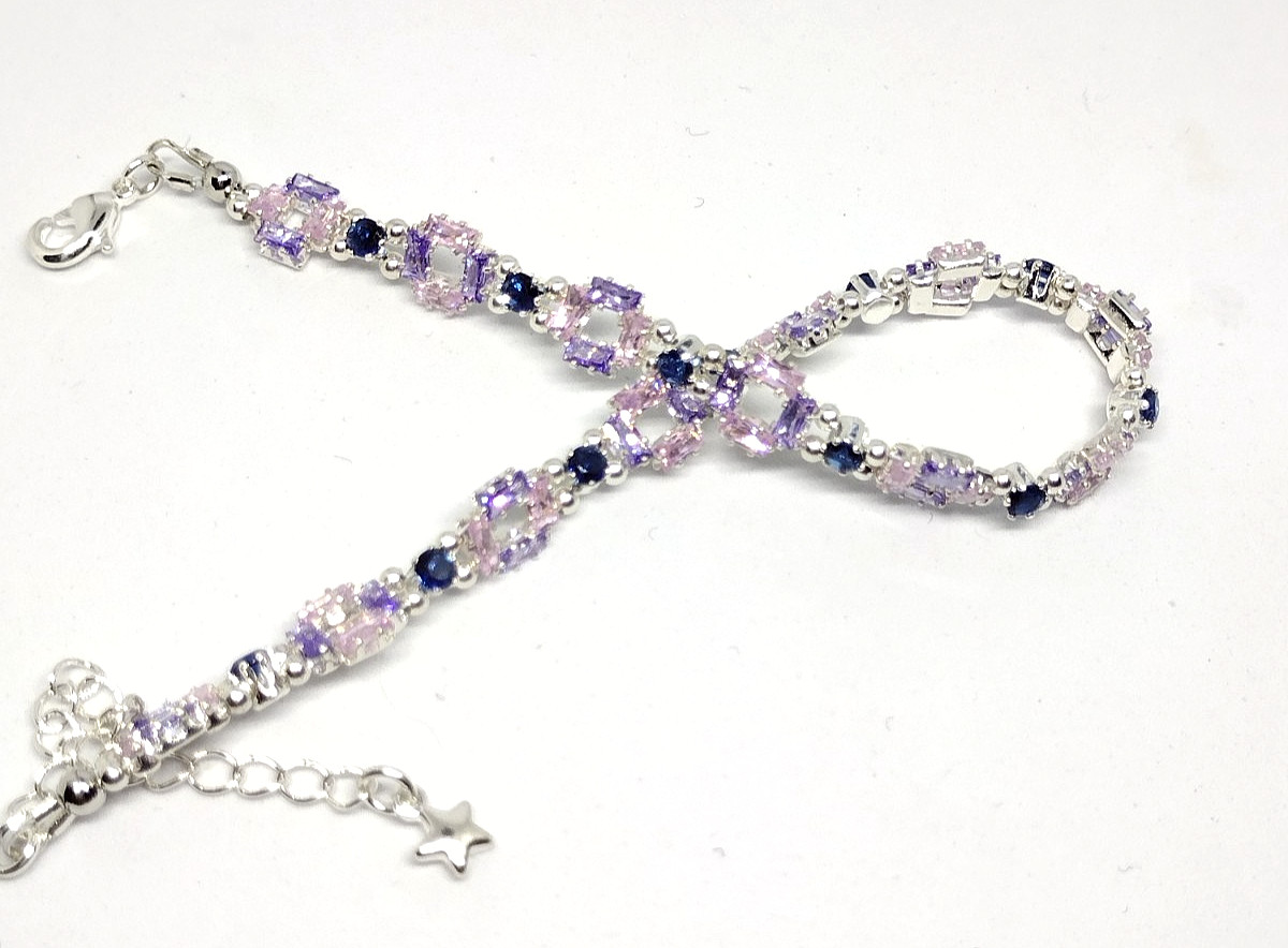 7 1/2 inch Bracelet Box Shape- Pink,Lavender 2x4mmCZ-3mm Royal Blue Round Beads.