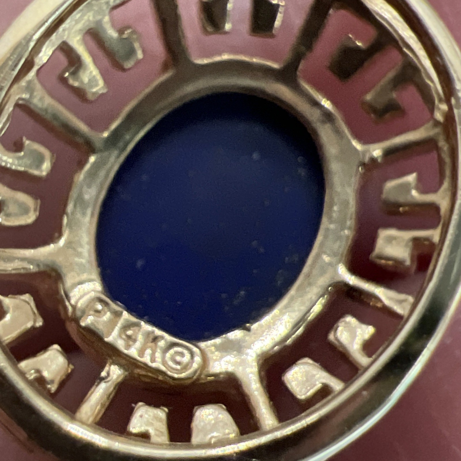 Vintage 14k Yellow Gold Lapis Lazuli Greek Key Oval Pendant
