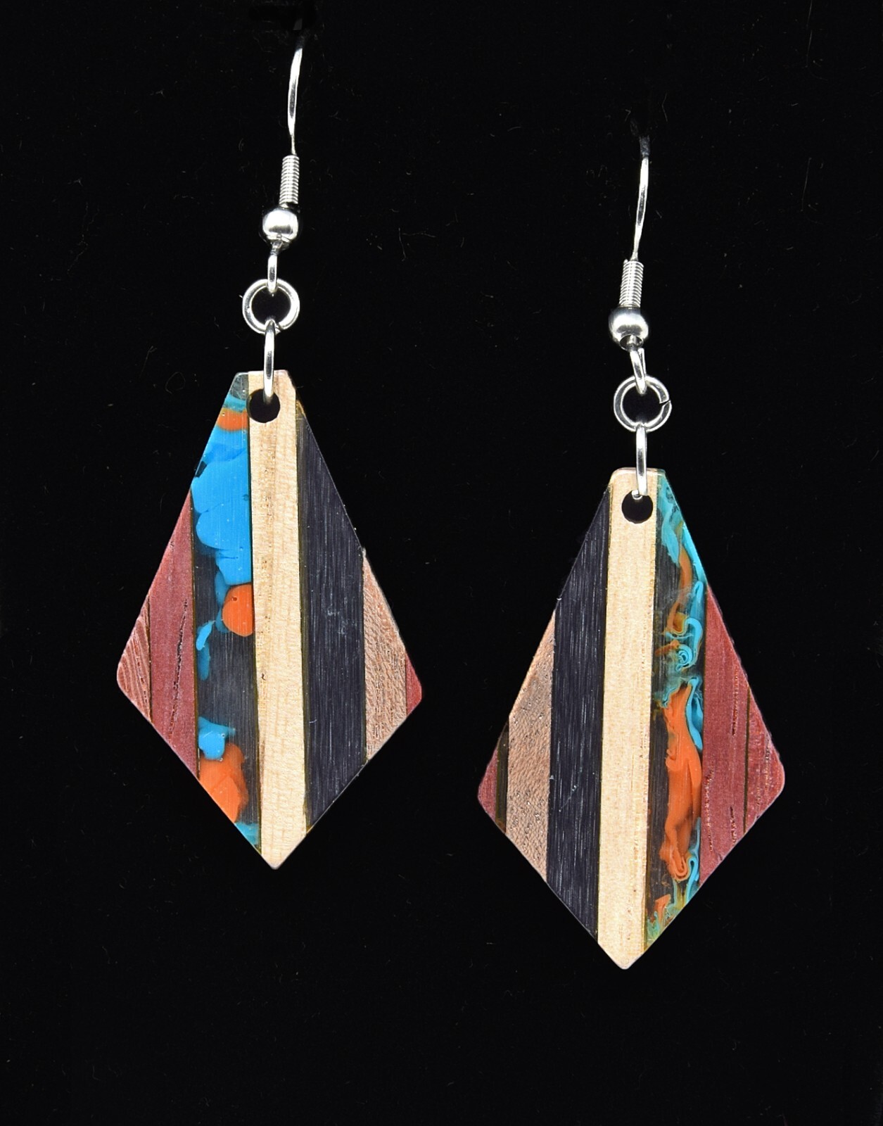 Stainless Steel & Natural Wood W/Color Swirl Resin Point Drop Earrings! LQQK!
