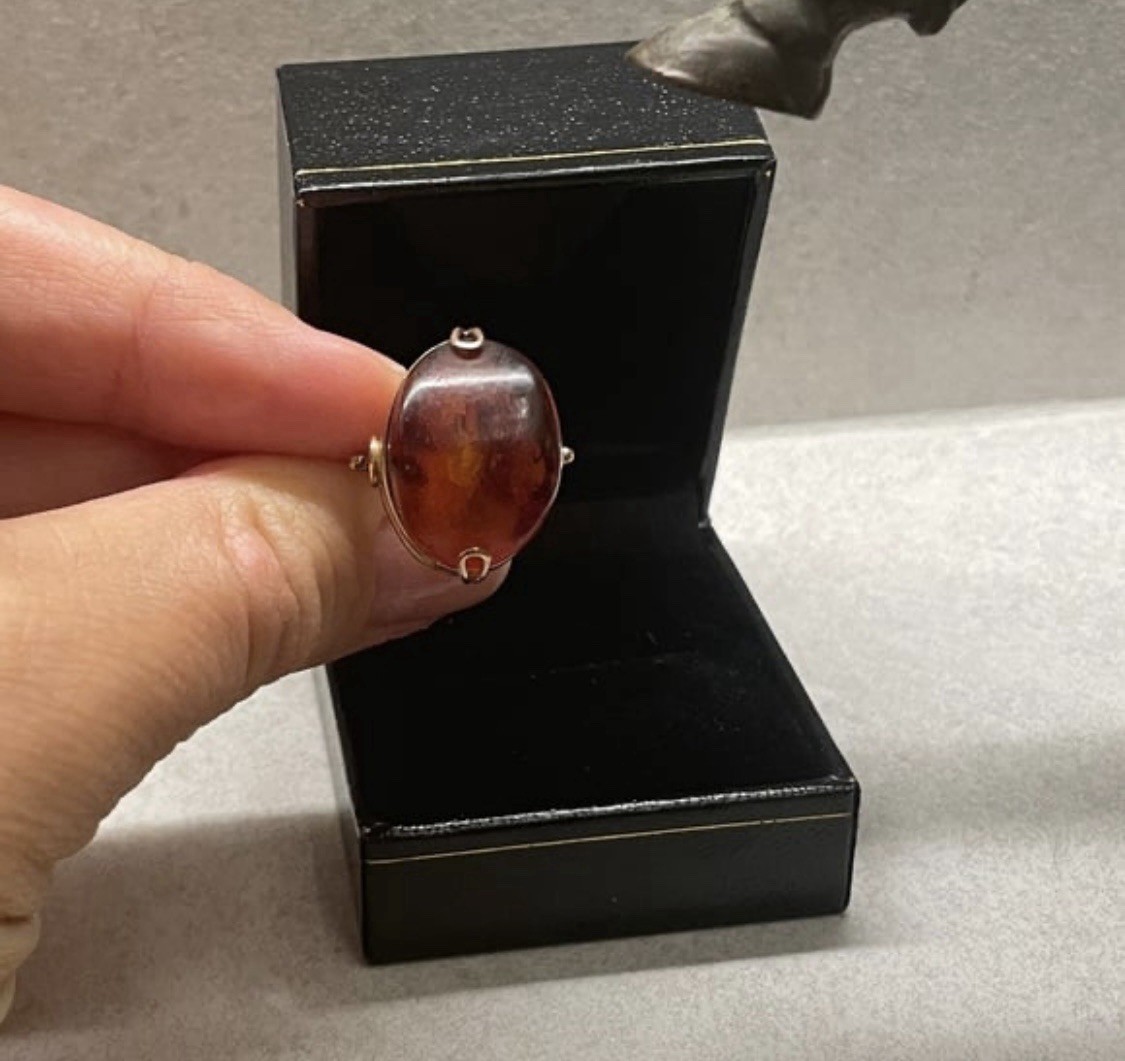 Antique Soviet Amber Cabochon Ring, 6.5