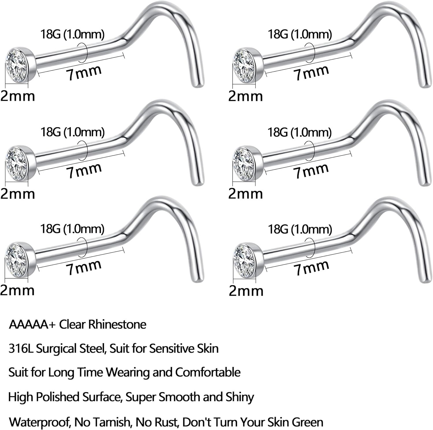 Versatile 12Pcs Nose Piercing Studs – Smooth Surgical Steel & Rhinesone Designs