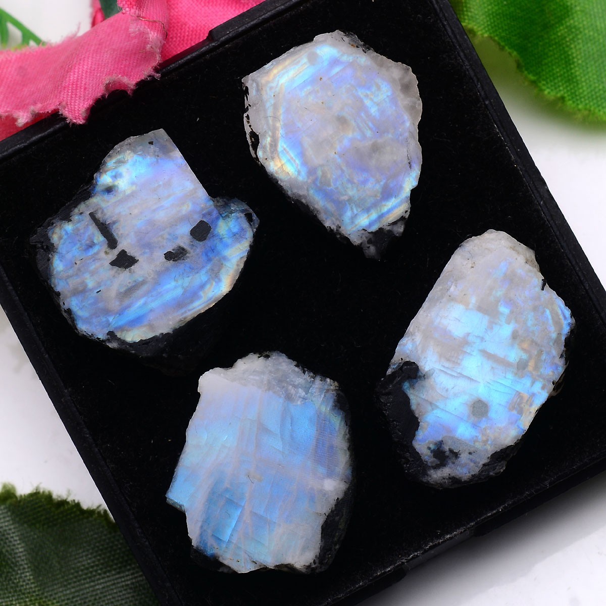 Blue Aurora~ Set Of 4 Pcs Natural Moonstone 25mm-29mm Rough Slabs Gemstones Lot