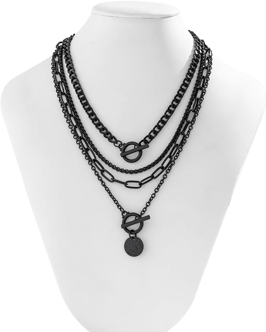 Gold Layered Stack Necklace Set for Women, Retro Thick Cuban Chain Coin Medallio