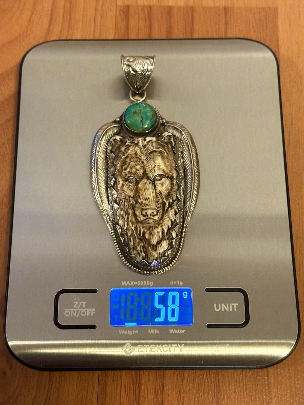 Hand Carved & Handmade Large Bone Pendant,Bear Face Art,Turquoise & Silver 58 gr