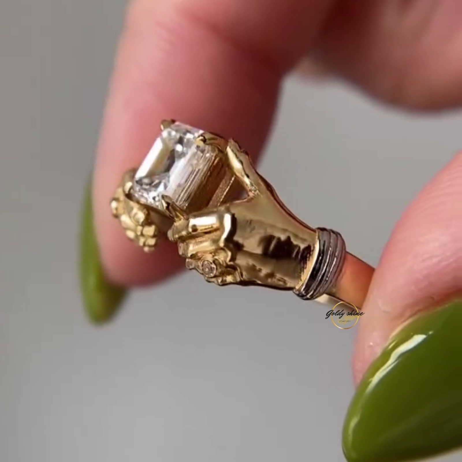 1 Ct Asscher Cut Moissanite Grasping Hands Artistic Ring 14K Yellow gold plated