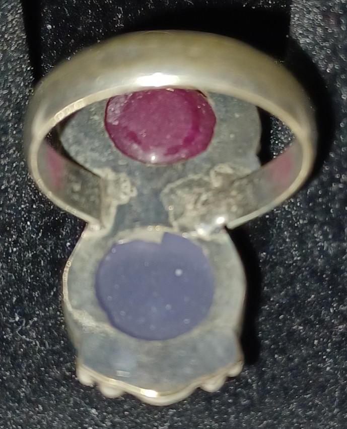 lavender and dark pink cabochon silver ring approx size 5