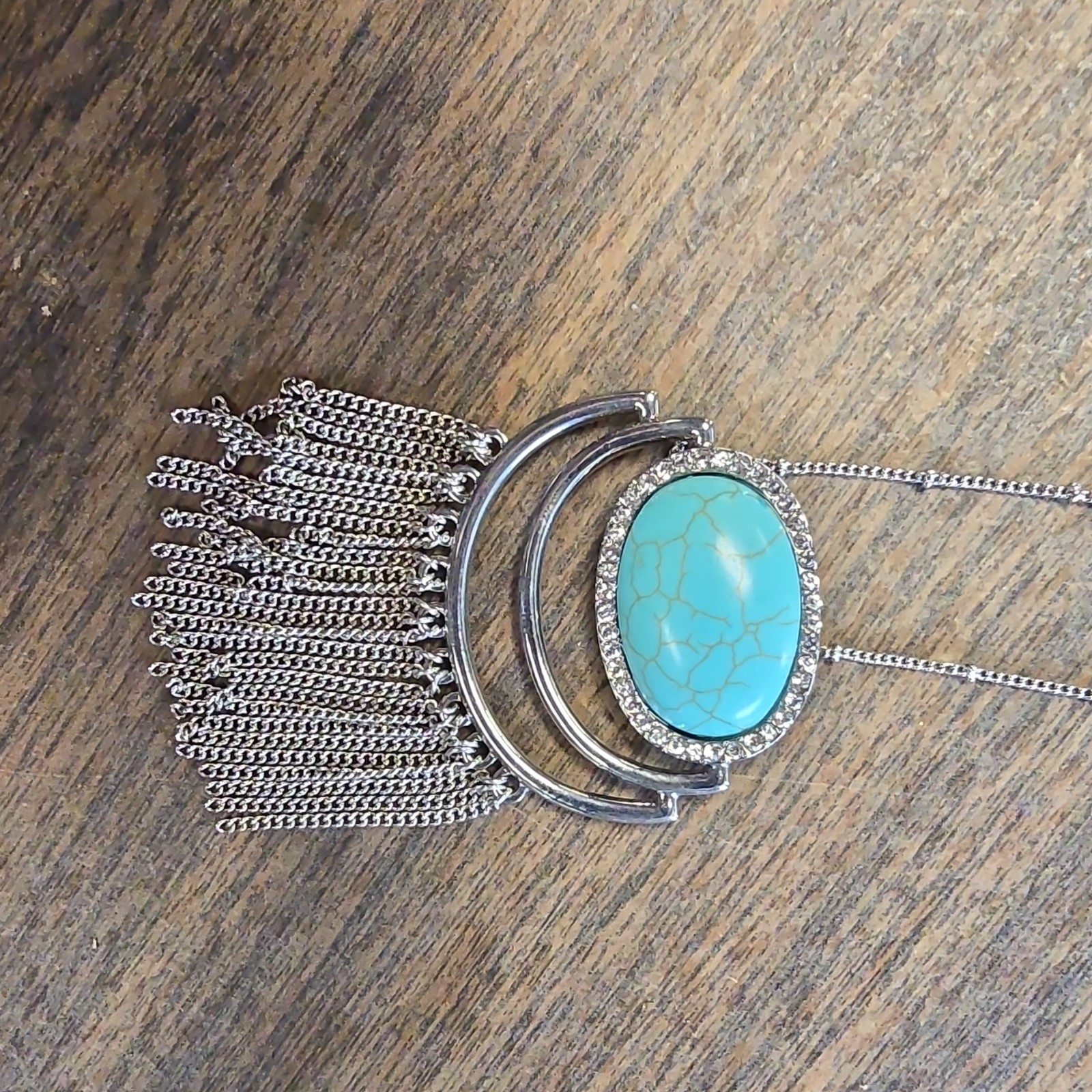 Silver Tone Oval Turquoise Bezel Fringe Statement Pendant Necklace Box Chain