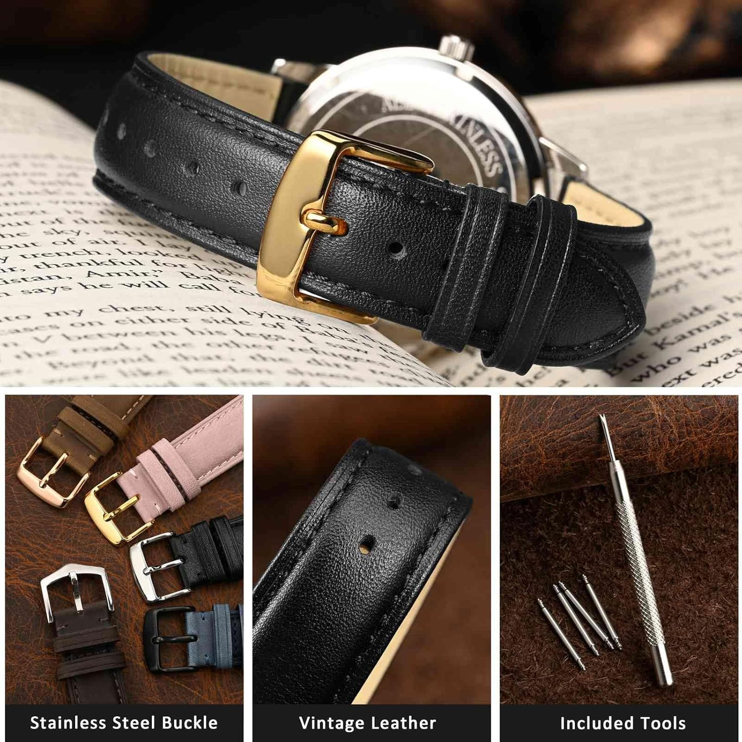 Correa Reloj Cuero Vintage 20mm Hombres Mujeres Hebilla Oro Negro Accesorios