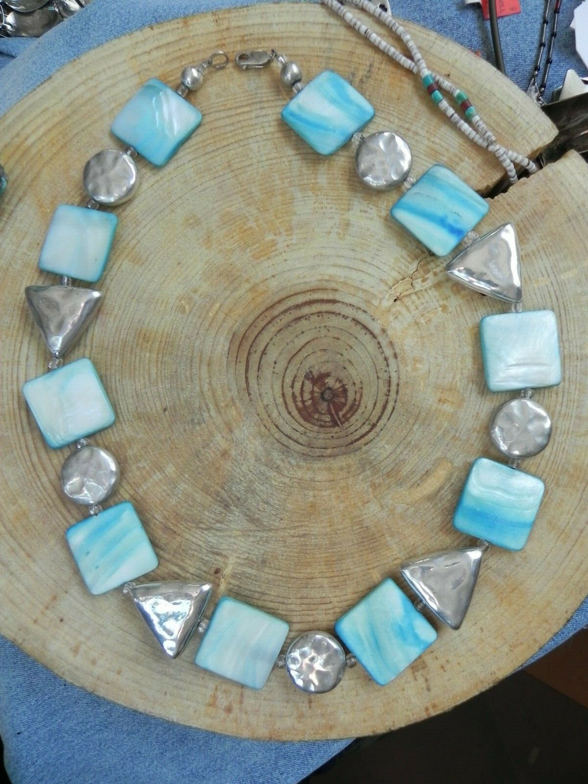 Chunky Blue Mother of Pearl & Hammered Sterling Silver Beads Necklace 21 1/2″