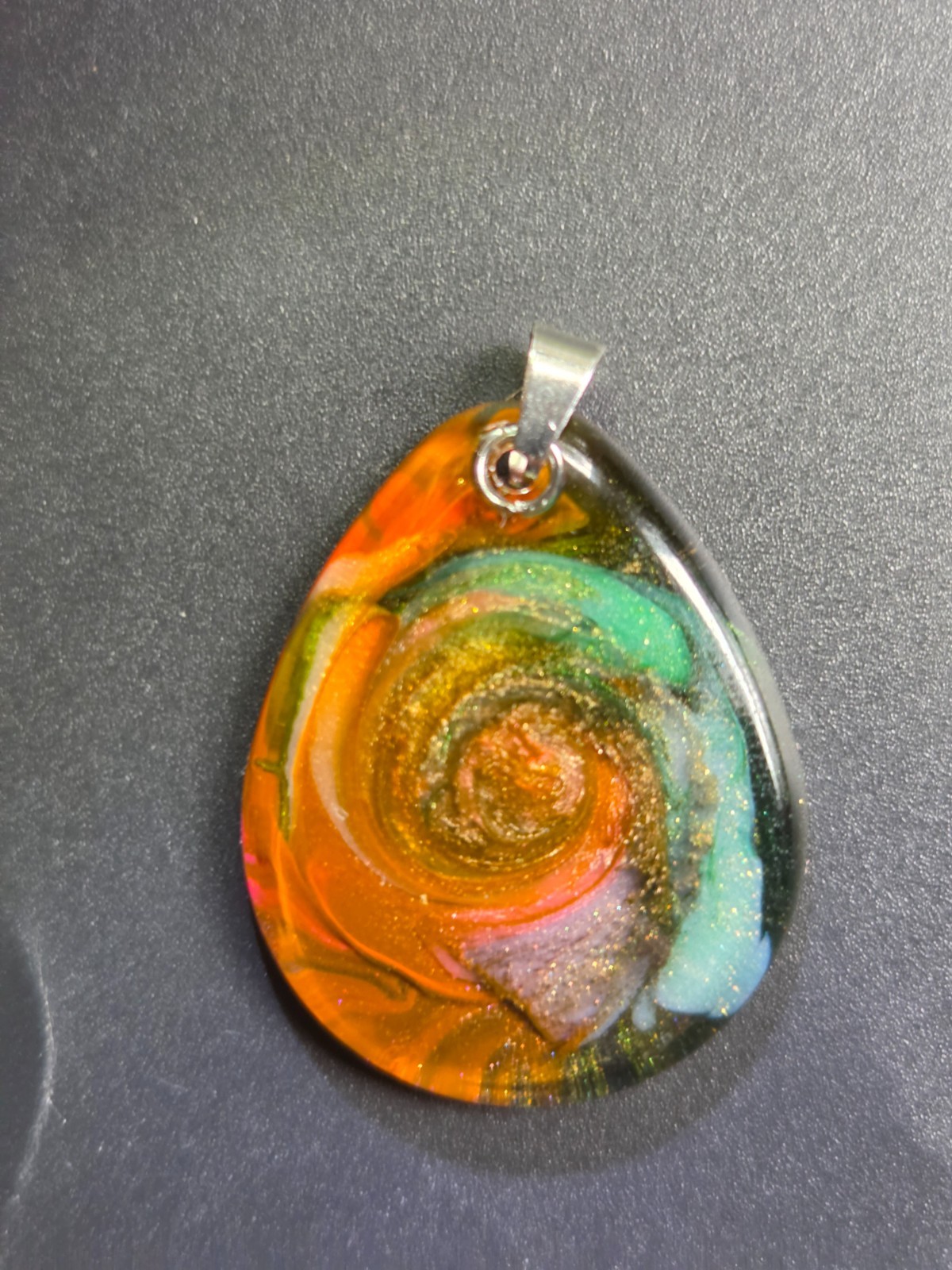 OOAK Aqua Orange Spiral Petri Effect Resin Teardrop Pendant N113