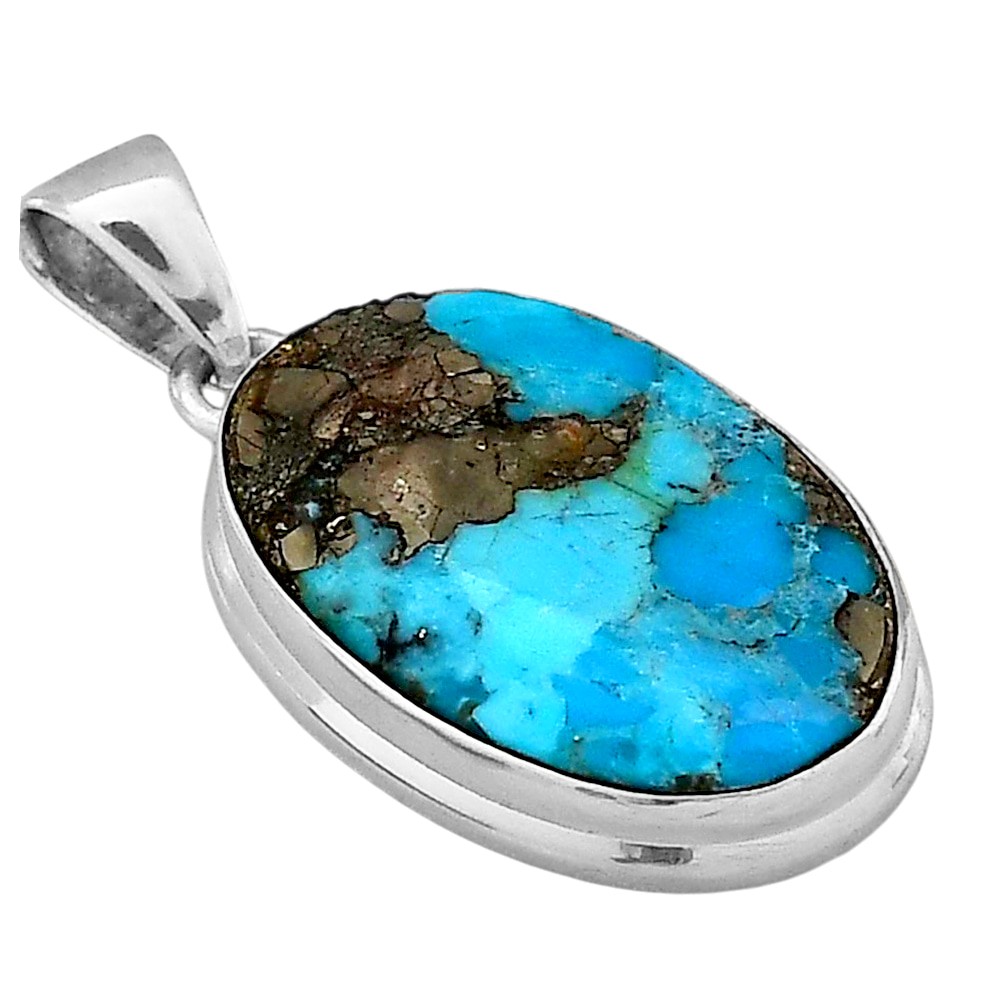 Kingman Turquoise With Pyrite 925 Silver Plated Pendant Jewelry WP27-10007