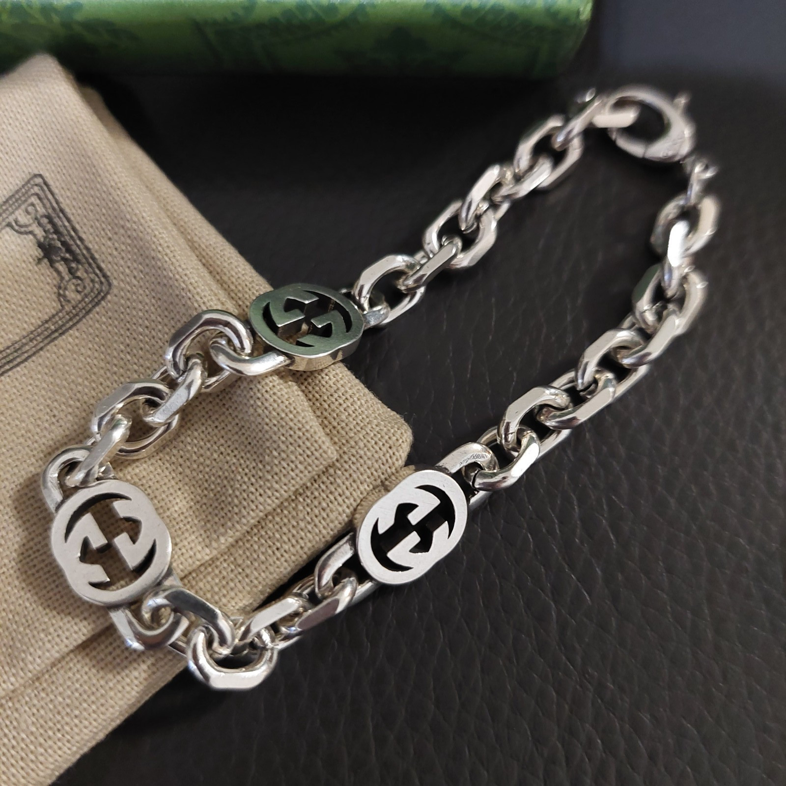 Gucci 925 Silver GG Oval Link Chain 20 Bracelet 8″